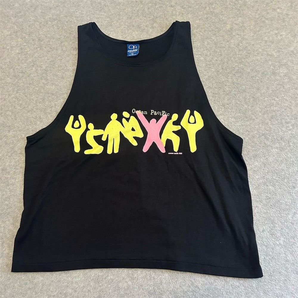Vintage Ocean Pacific Tank Top Men's XL Black Bold Graphic 1988 80s Made in USA